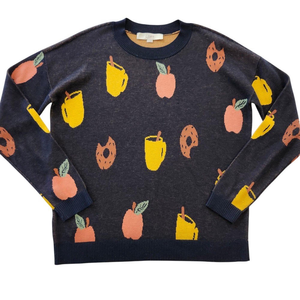 LOFT Apple Cider Fall Sweater XS Donuts Coffee Knit Women's